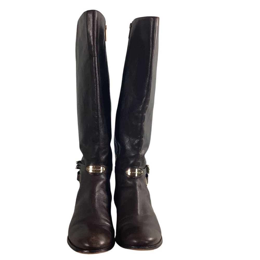 Michael Michael Kors Arley Dark Brown Leather Tall Riding Boots Gold Logo 11M